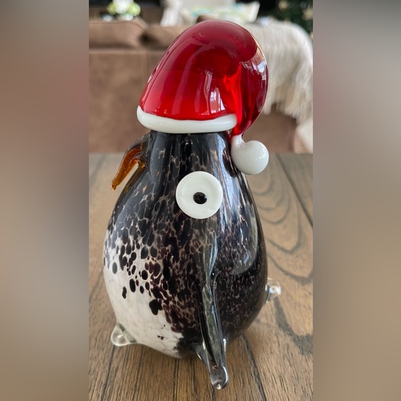 Hand Blown Glass Christmas Penguin with Red Santa Hat - Picture 2 of 8